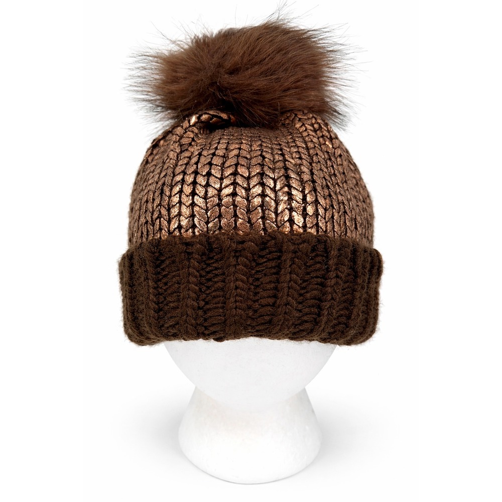 C.C Exclusives Womens Slouchy Tossle Fur Pompom Hat One Size Brown Metallic Knit